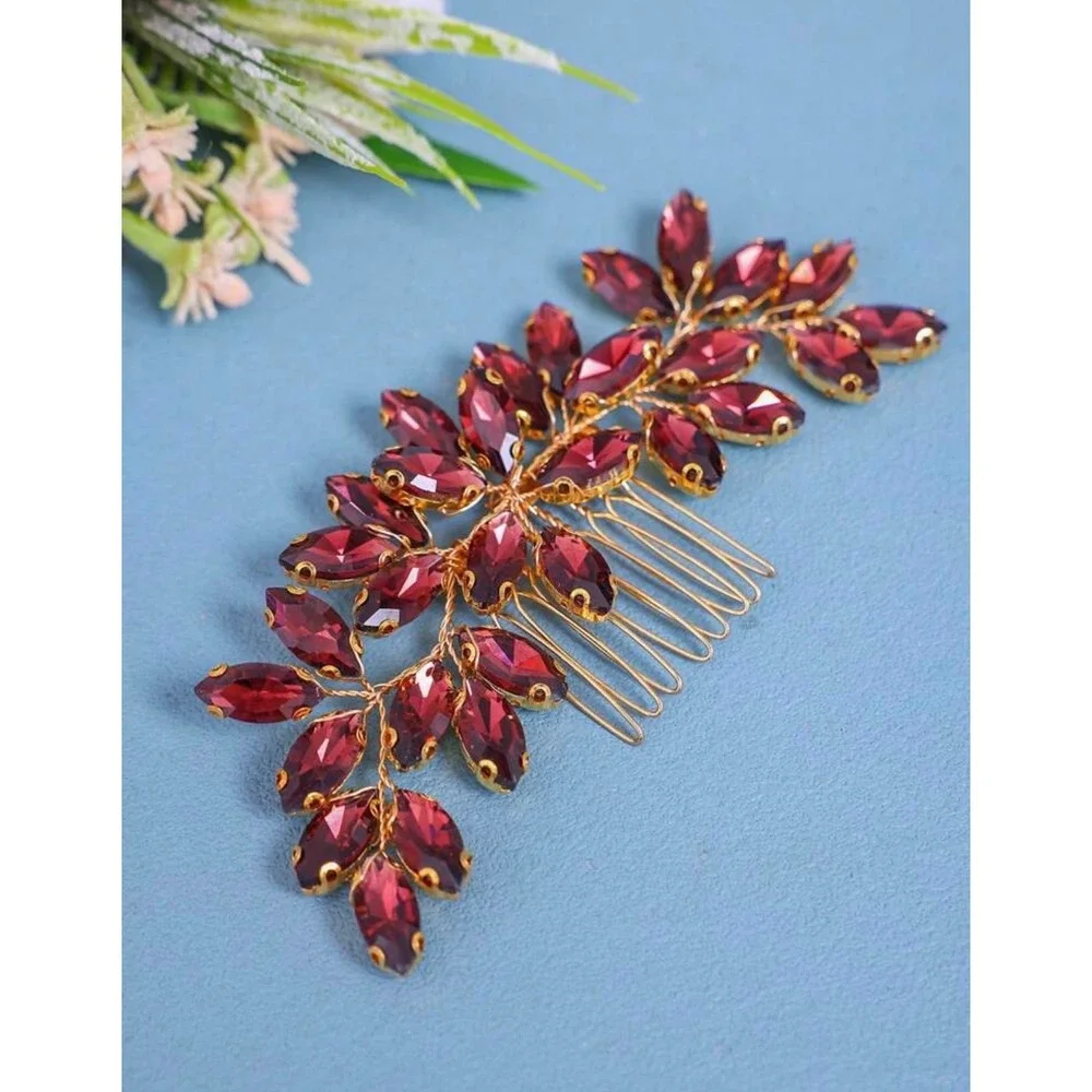 Unbranded Rhinestone Hair Comb Women OS Burgundy Gold Floral Vine Headpiece